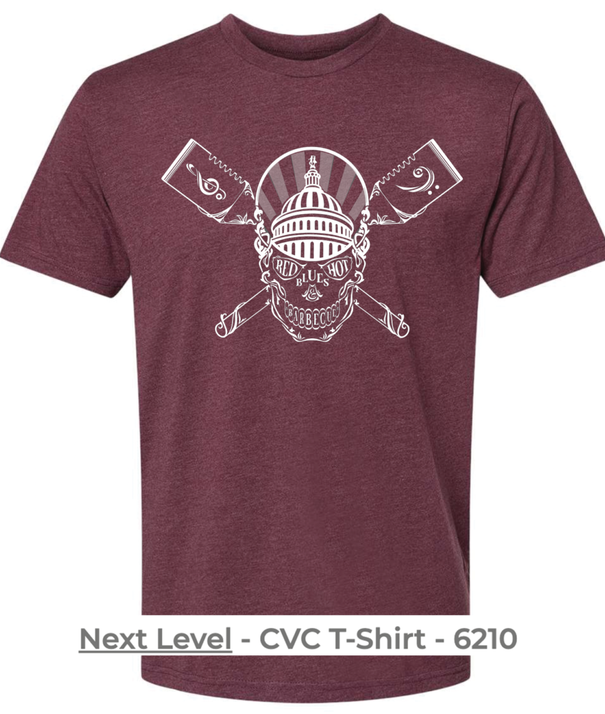 Maroon t-shirt with a skull that says Red Hot Blues and BBQ with spatulas crossed behind it